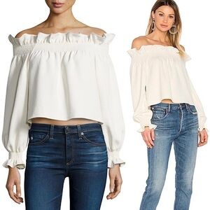 DVF Ivory Crepe Ruffled Off The Shoulder Puff Long Sleeve Renaissance Poet Top 4